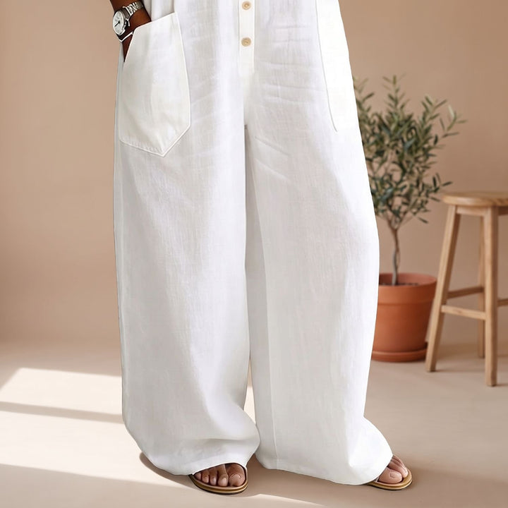 Women's Wide-Leg Button-Down Linen Jumpsuit with Pockets