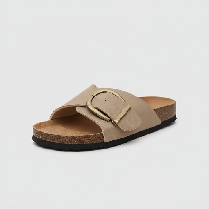 Women's Wide Strap Buckle Slip-On Comfortable Sandals - Classic Beige