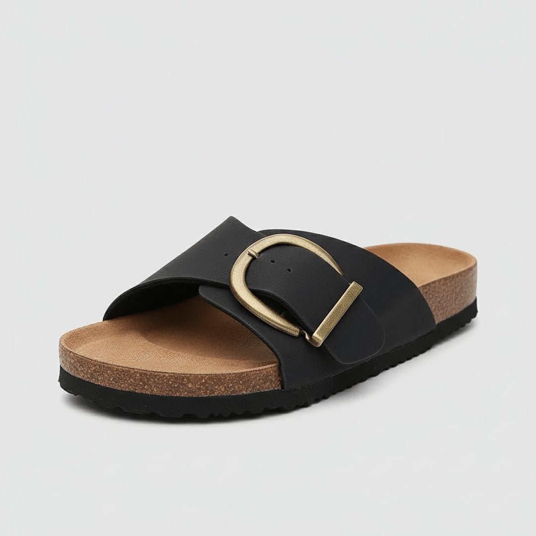 Women's Wide Strap Buckle Slip-On Comfortable Sandals - Midnight Black