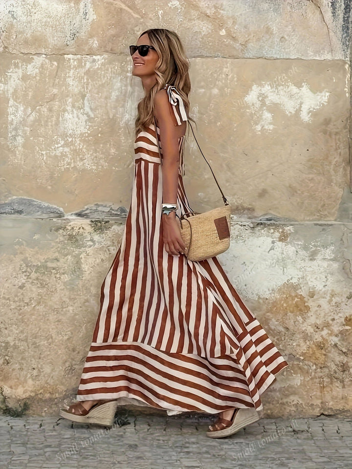 Women's Wide-Stripe Tie-Strap Full-Skirt Maxi Dress