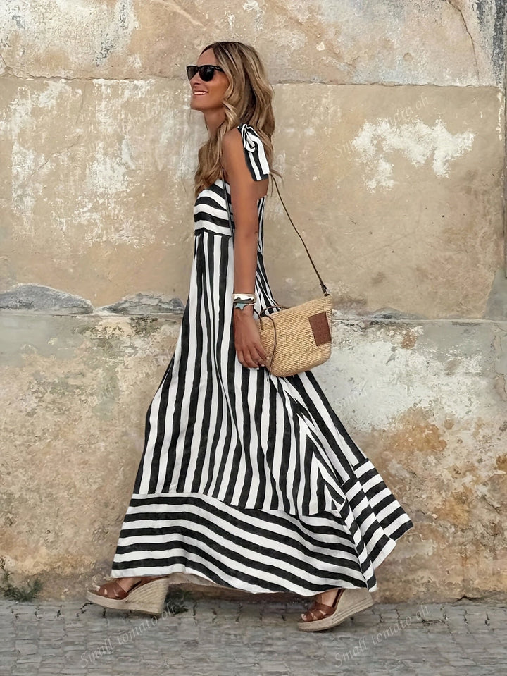 Women's Wide-Stripe Tie-Strap Full-Skirt Maxi Dress