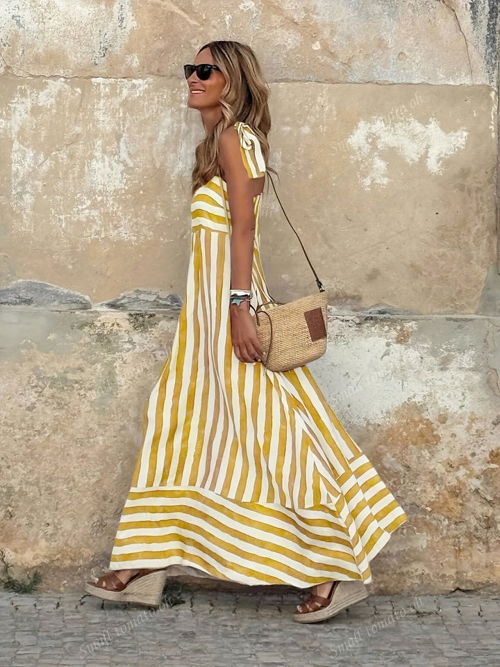 Women's Wide-Stripe Tie-Strap Full-Skirt Maxi Dress