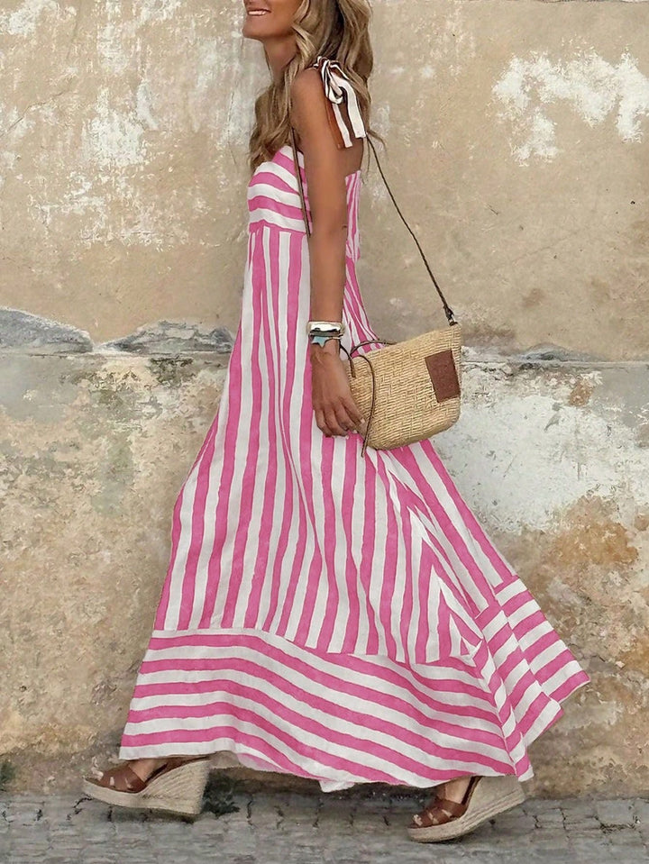 Women's Wide-Stripe Tie-Strap Full-Skirt Maxi Dress - Pink