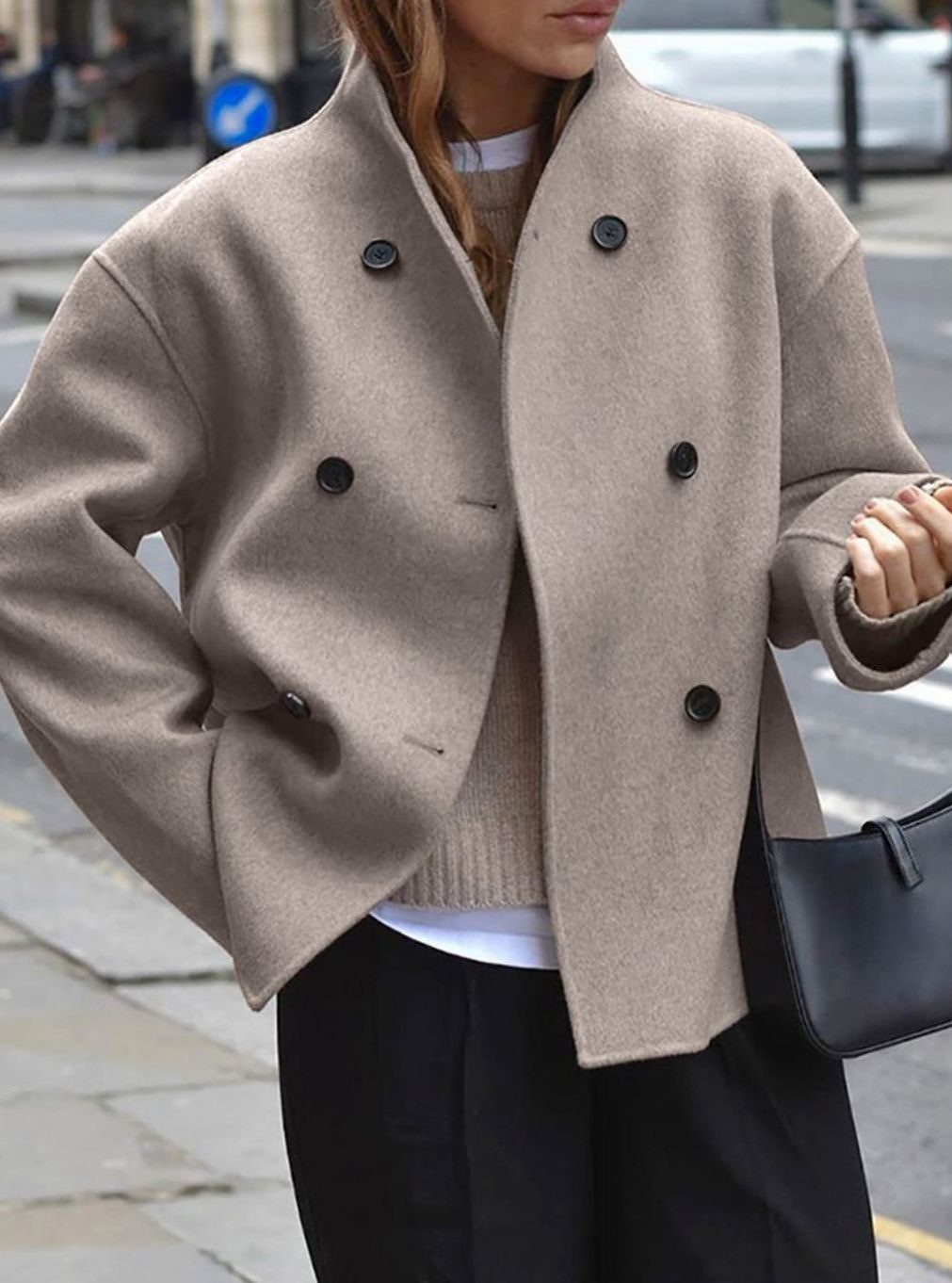 Women's Winter Coat Double-Breasted Stand-Collar Relaxed Pea Coat - Taupe