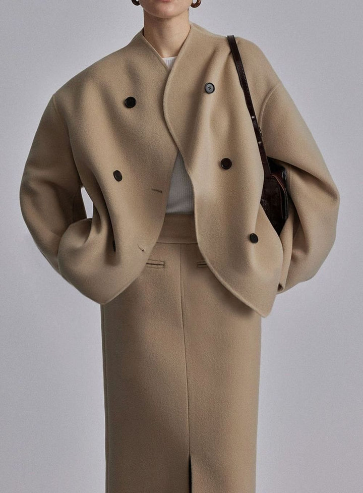 Women's Winter Coat Double-Breasted Stand-Collar Relaxed Pea Coat - Khaki
