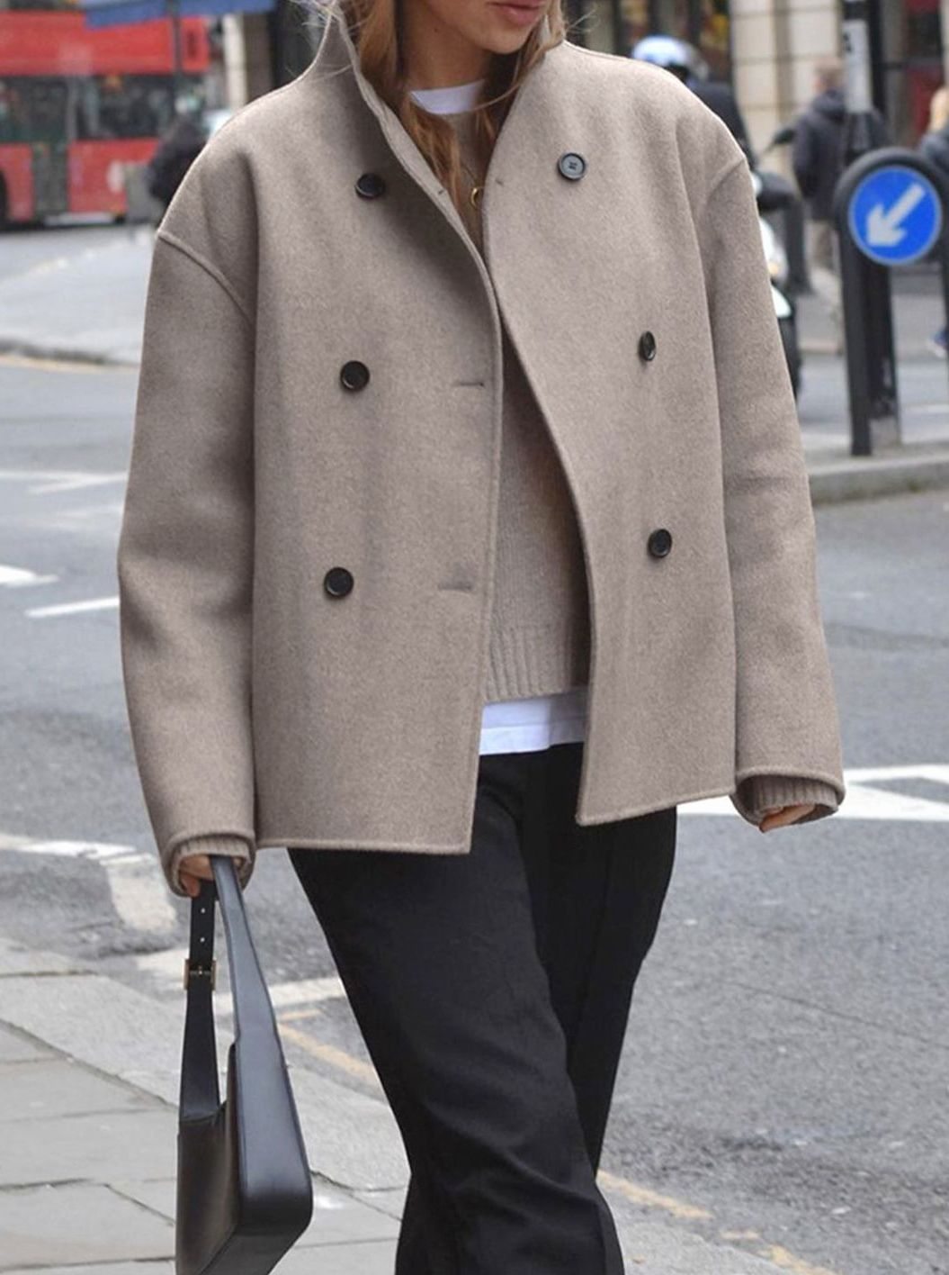 Women's Winter Coat Double-Breasted Stand-Collar Relaxed Pea Coat