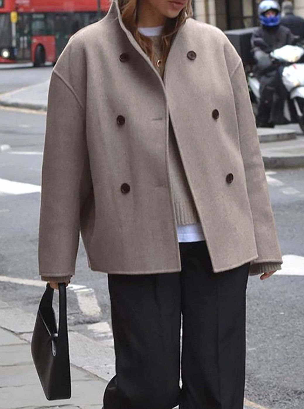 Women's Winter Coat Double-Breasted Stand-Collar Relaxed Pea Coat