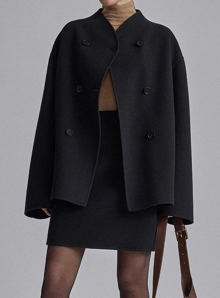 Women's Winter Coat Double-Breasted Stand-Collar Relaxed Pea Coat - Black