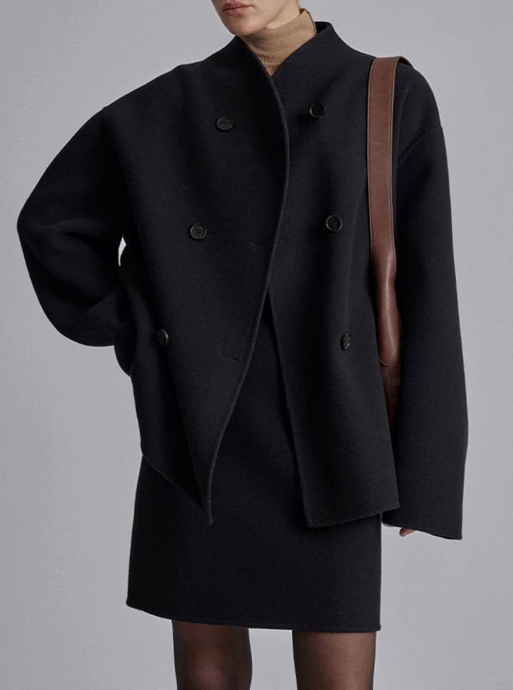 Women's Winter Coat Double-Breasted Stand-Collar Relaxed Pea Coat