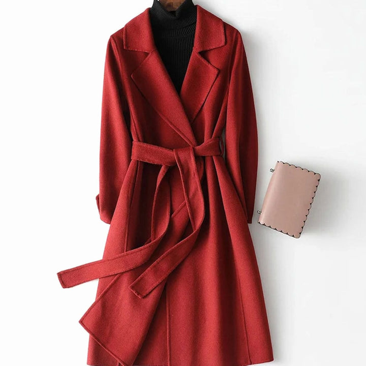 Women's Wool Blend Belted Wrap Coat Long A-Line Winter Coat - Burgundy