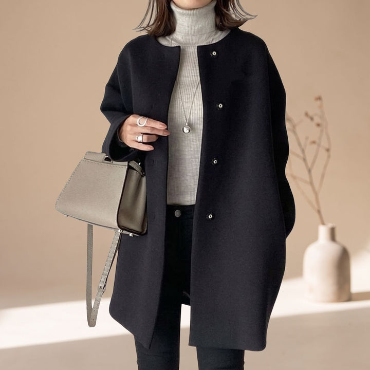 Women's Wool Coat Mid-Length Relaxed-Fit Button-Front Overcoat - Black