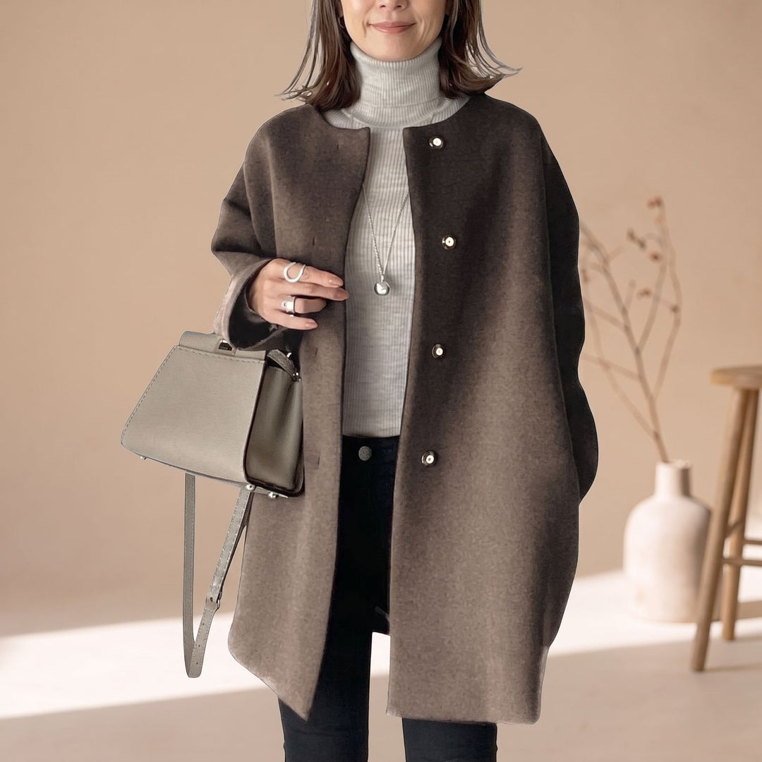 Women's Wool Coat Mid-Length Relaxed-Fit Button-Front Overcoat - Coffee