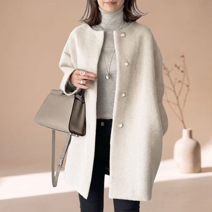 Women's Wool Coat Mid-Length Relaxed-Fit Button-Front Overcoat - Apricot