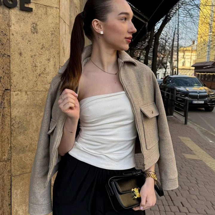 Women's Wool Zippered Cropped Bomber Jacket
