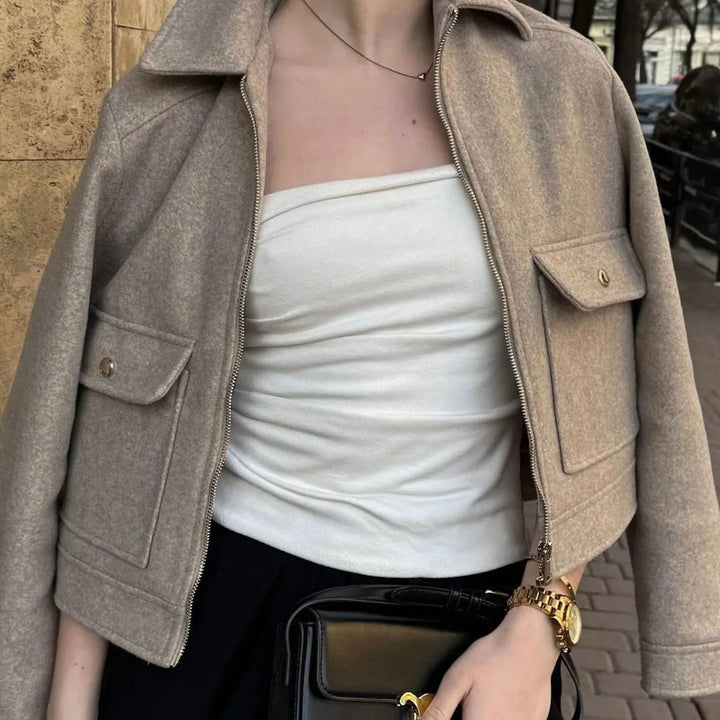Women's Wool Zippered Cropped Bomber Jacket