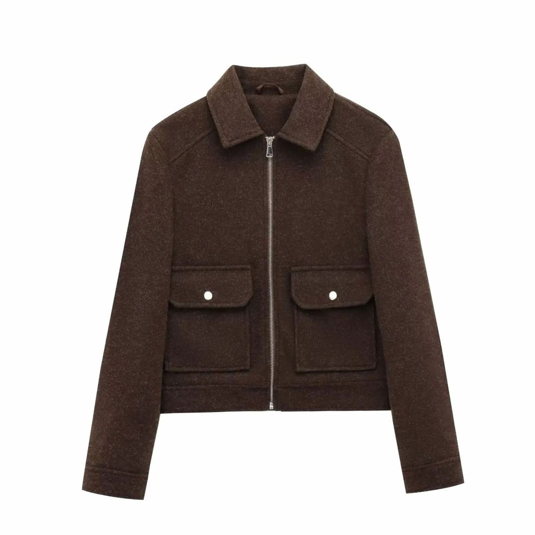 Women's Wool Zippered Cropped Bomber Jacket - Brown