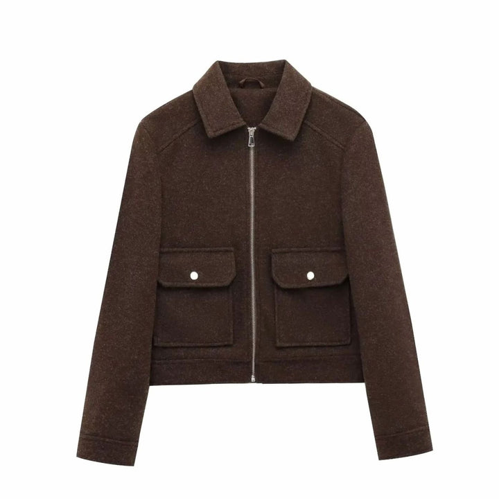 Women's Wool Zippered Cropped Bomber Jacket - Brown