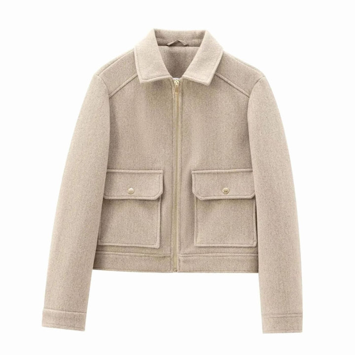 Women's Wool Zippered Cropped Bomber Jacket - Khaki