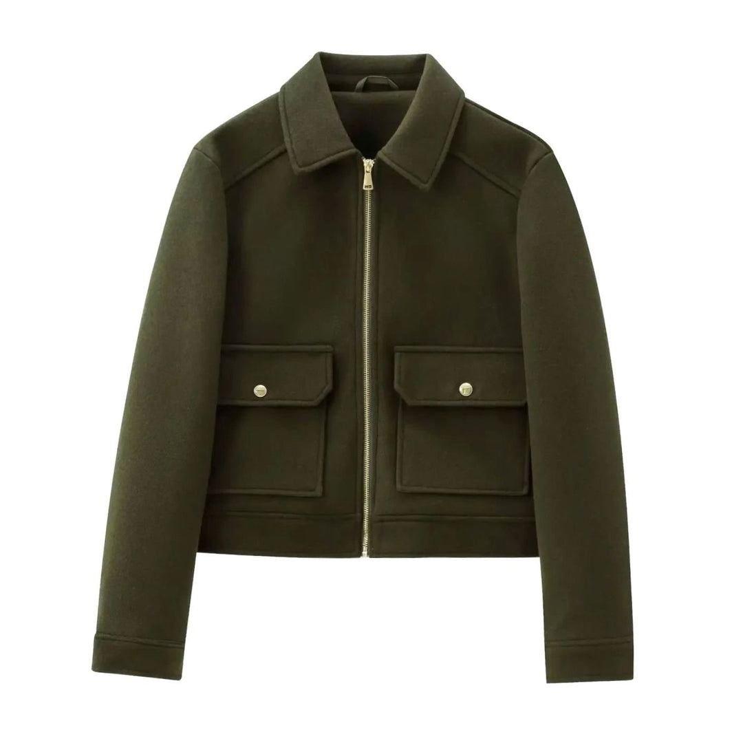 Women's Wool Zippered Cropped Bomber Jacket - Green