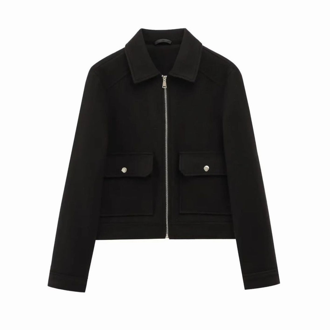 Women's Wool Zippered Cropped Bomber Jacket - Black