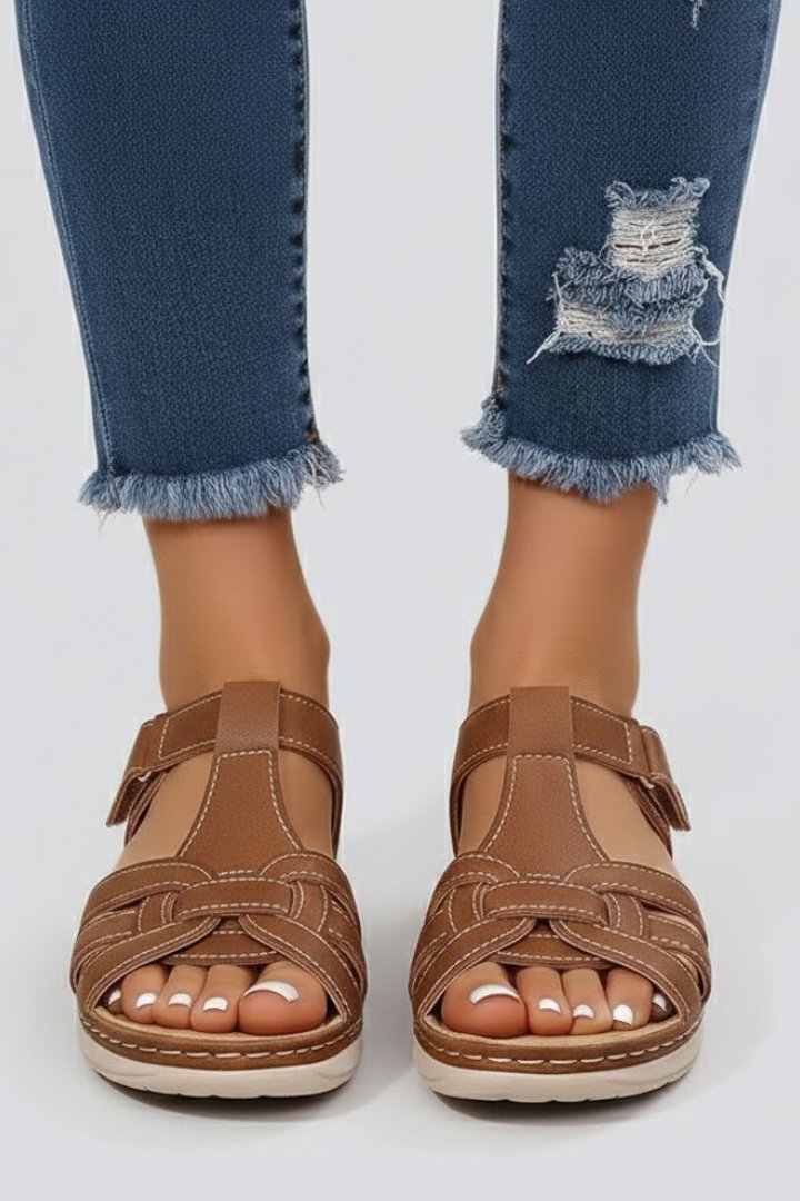 Women's Woven Strap Flat Open-Toe Sandals Velcro Closure - Brown