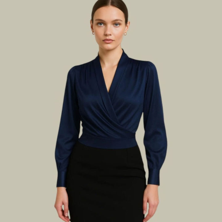 Women's Wrap-Front Long Sleeve Satin Blouses V-Neck Top - Navy Blue