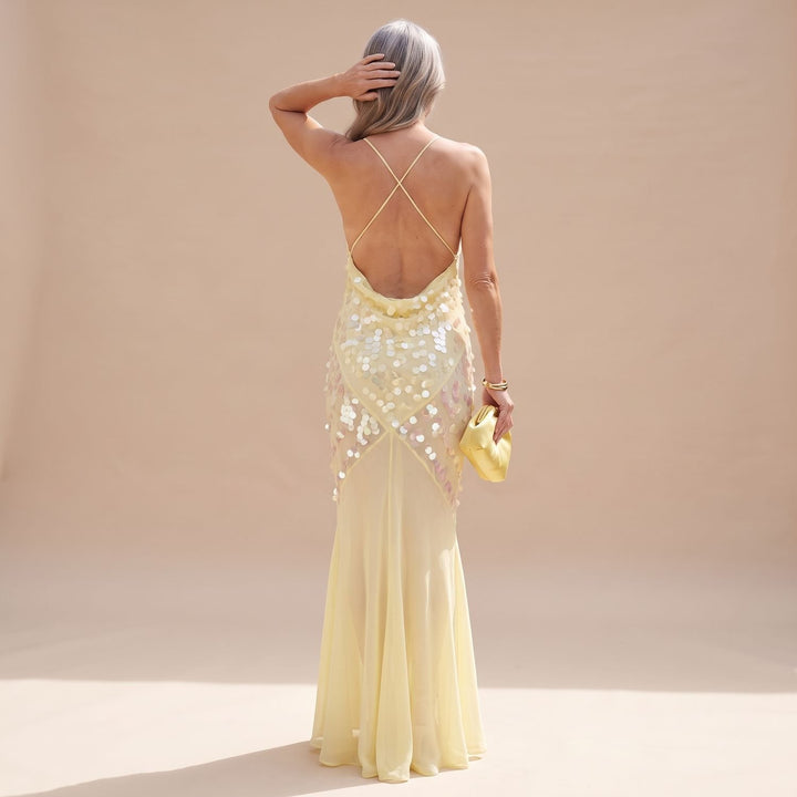 Women's Yellow Sequin Maxi Dress Open Crossback V-Neck