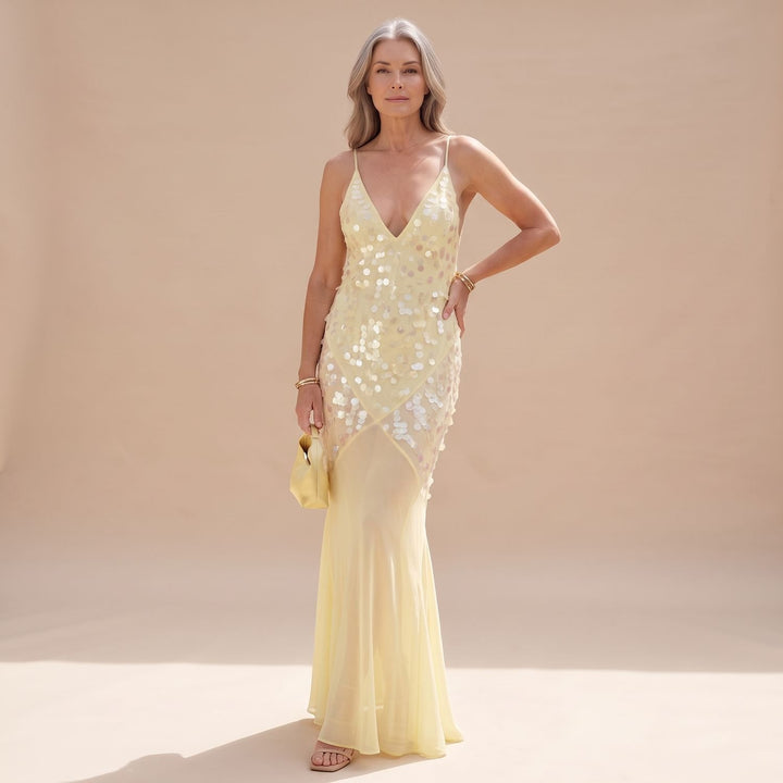 Women's Yellow Sequin Maxi Dress Open Crossback V-Neck