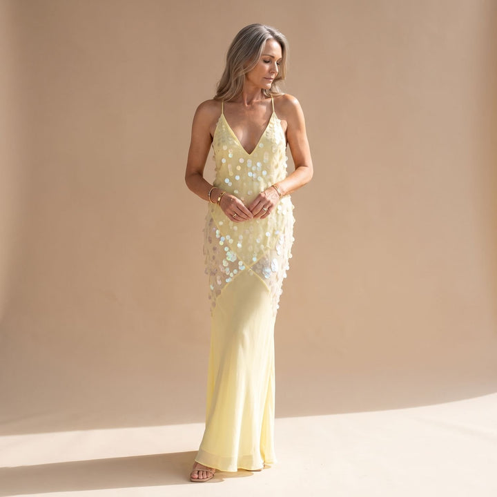 Women's Yellow Sequin Maxi Dress Open Crossback V-Neck