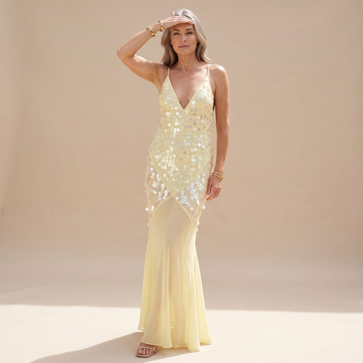 Women's Yellow Sequin Maxi Dress Open Crossback V-Neck