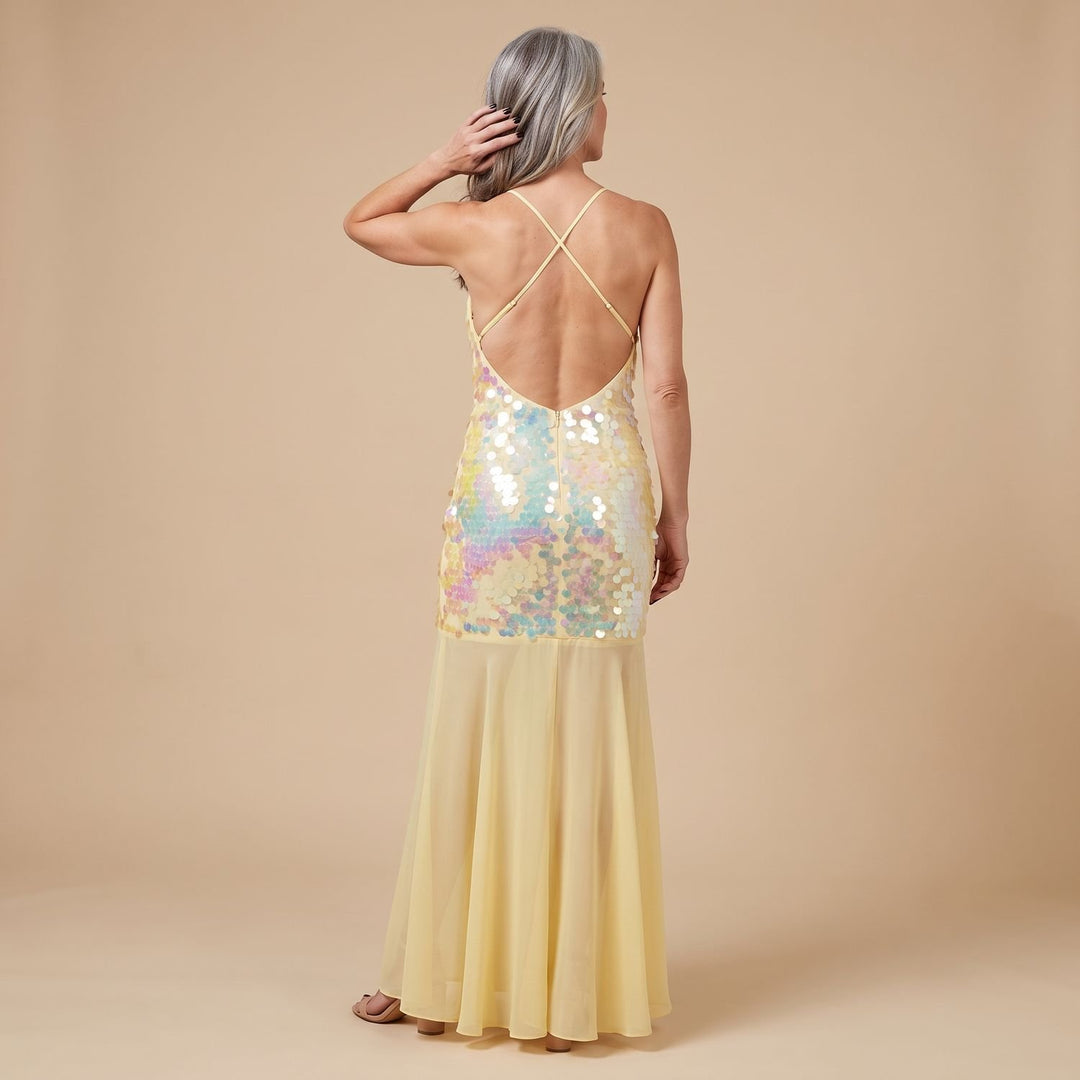 Women's Yellow Sequin Maxi Dress Open Crossback V-Neck