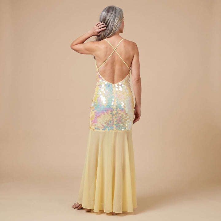 Women's Yellow Sequin Maxi Dress Open Crossback V-Neck
