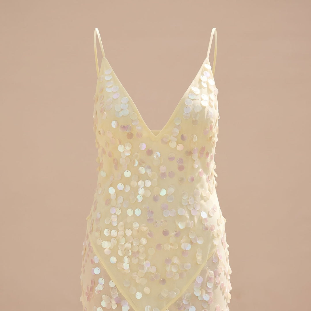 Women's Yellow Sequin Maxi Dress Open Crossback V-Neck
