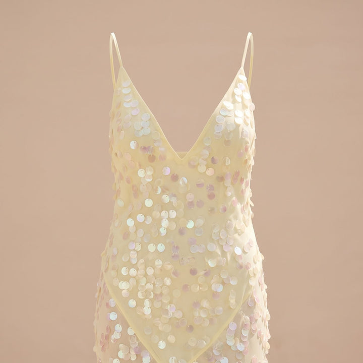 Women's Yellow Sequin Maxi Dress Open Crossback V-Neck