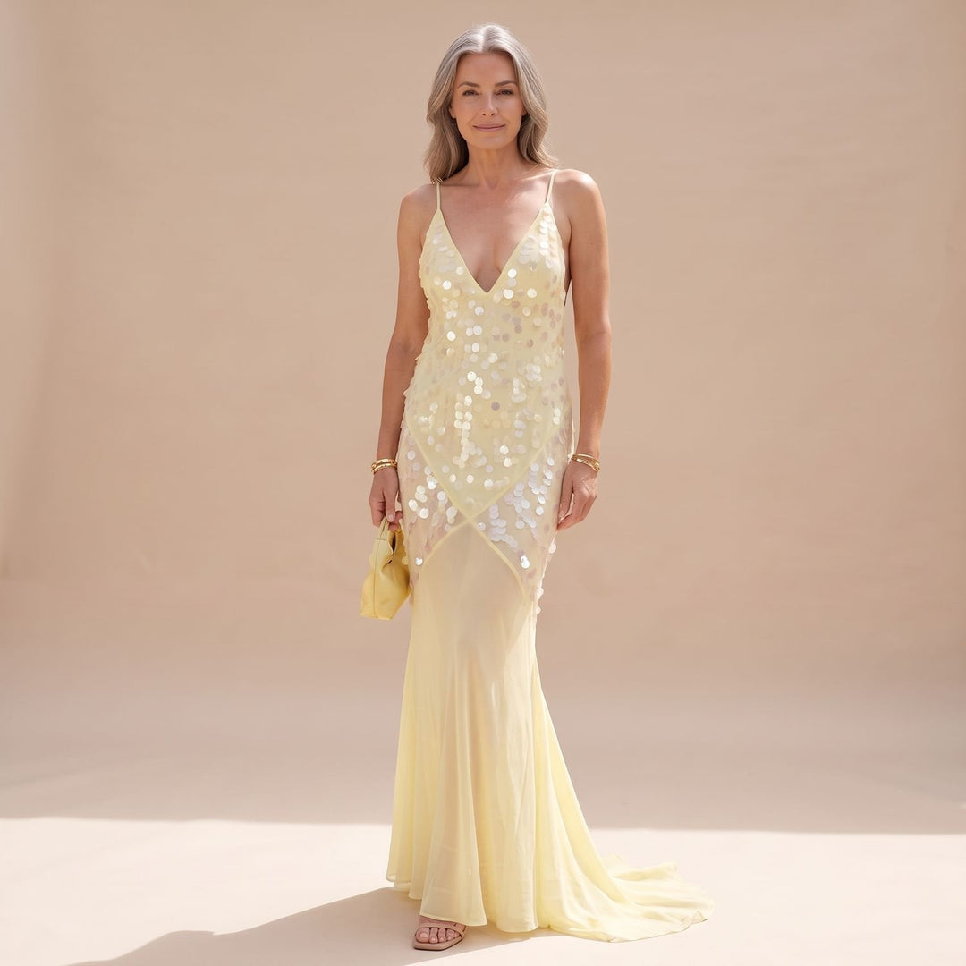 Women's Yellow Sequin Maxi Dress Open Crossback V-Neck - Yellow