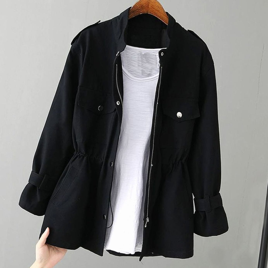 Women's Zip-Up Drawstring-Waist Utility Jacket - Black