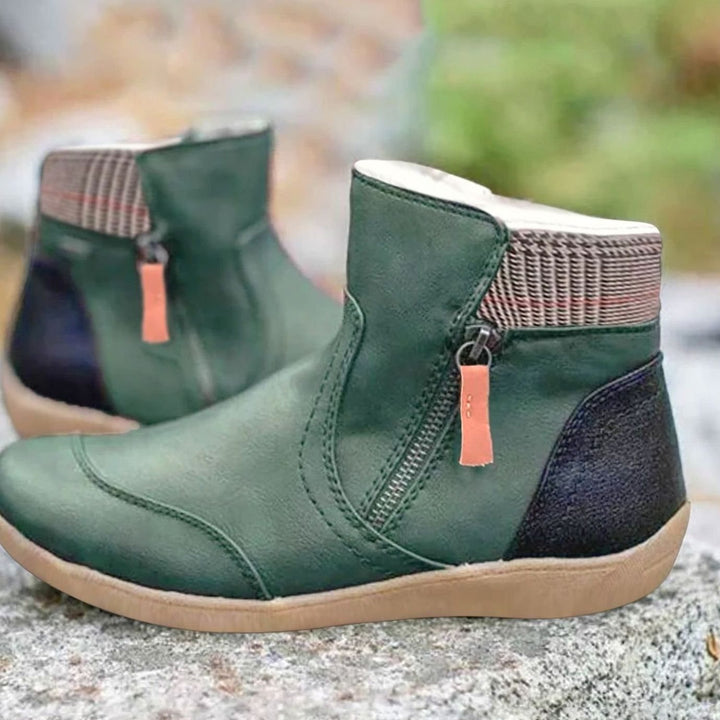 Women's Zip-Up Leather-Finish Flat Ankle Boots - Green