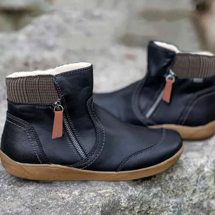 Women's Zip-Up Leather-Finish Flat Ankle Boots - Black