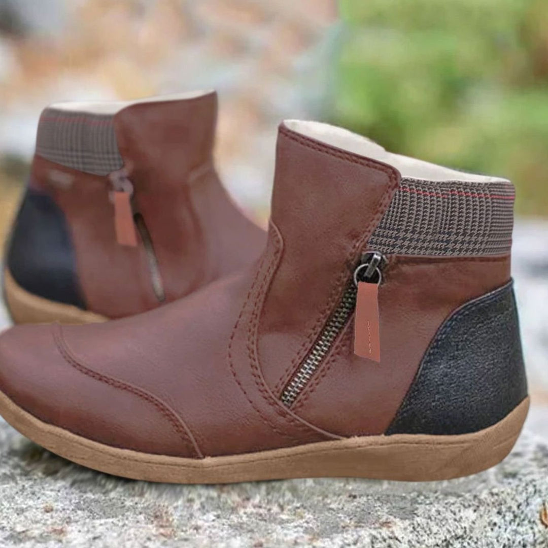 Women's Zip-Up Leather-Finish Flat Ankle Boots - Brown