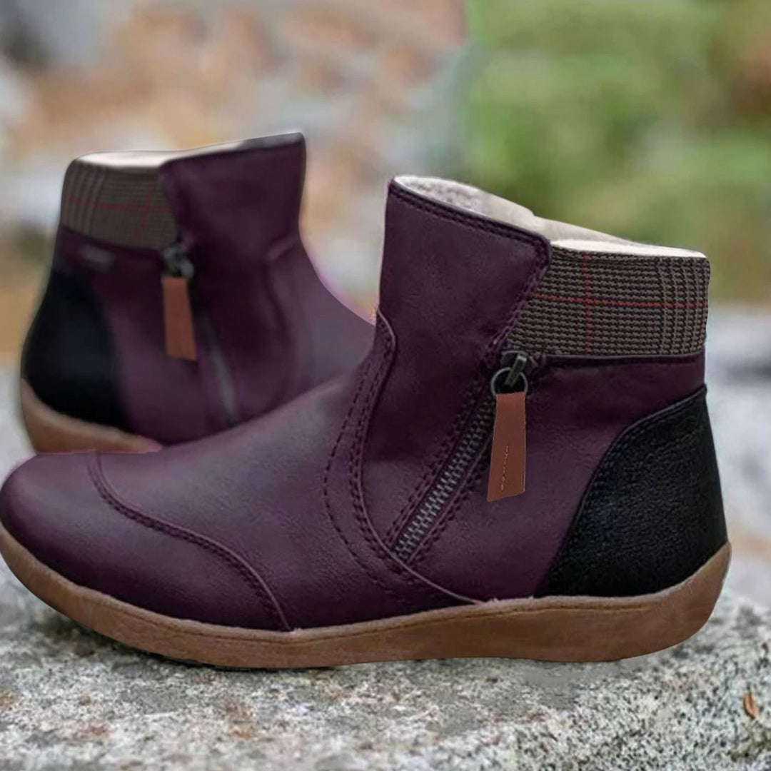 Women's Zip-Up Leather-Finish Flat Ankle Boots - Purple