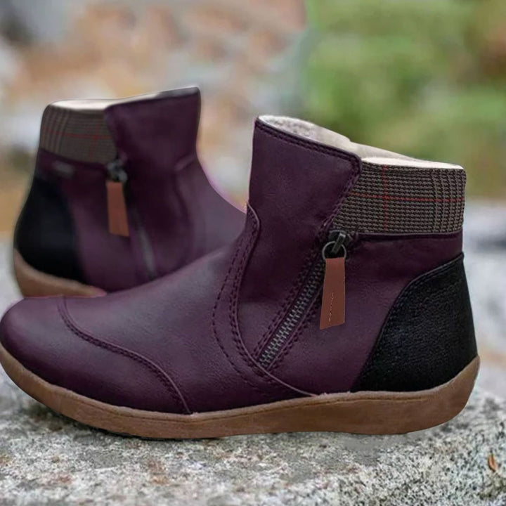 Women's Zip-Up Leather-Finish Flat Ankle Boots - Purple