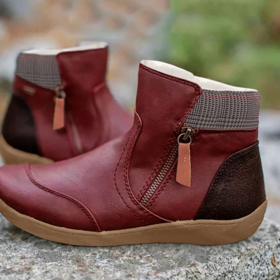 Women's Zip-Up Leather-Finish Flat Ankle Boots - Red