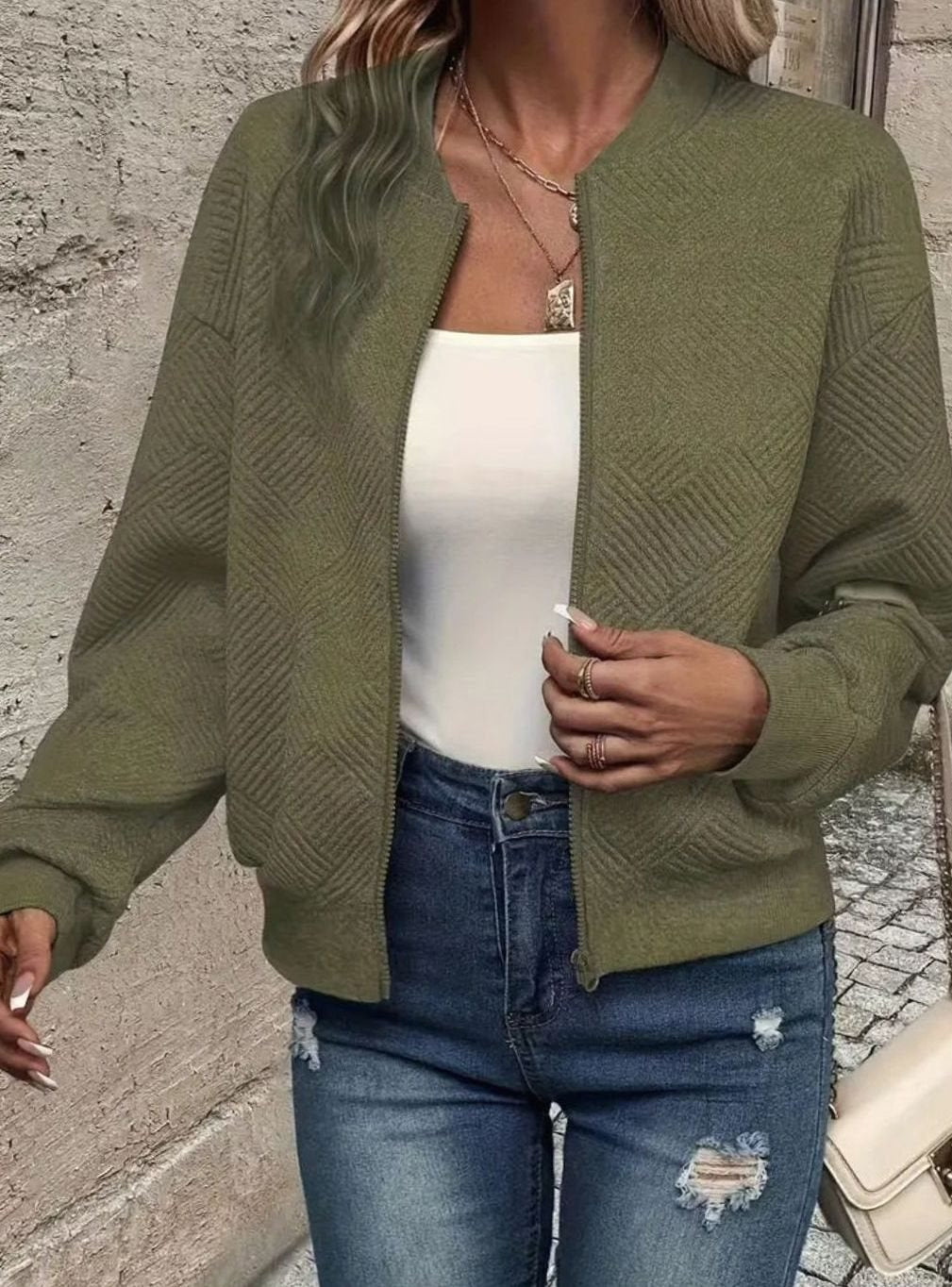 Women's Zip-Up Long Sleeve Cardigan Textured Knit Bomber Jacket - Army Green