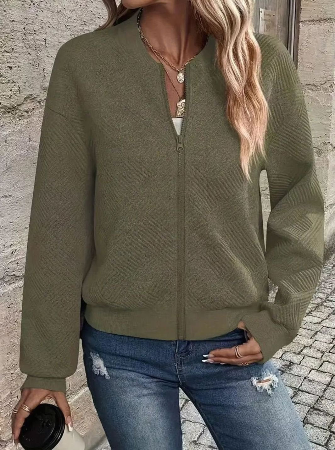 Women's Zip-Up Long Sleeve Cardigan Textured Knit Bomber Jacket