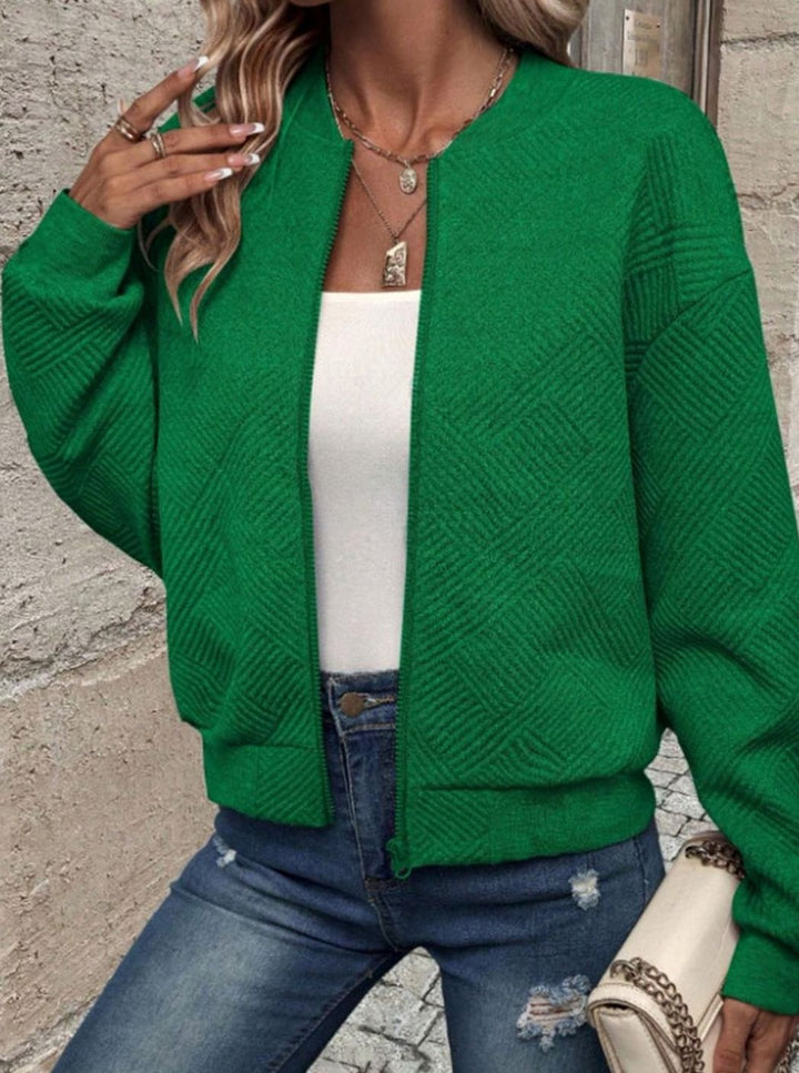 Women's Zip-Up Long Sleeve Cardigan Textured Knit Bomber Jacket - Green