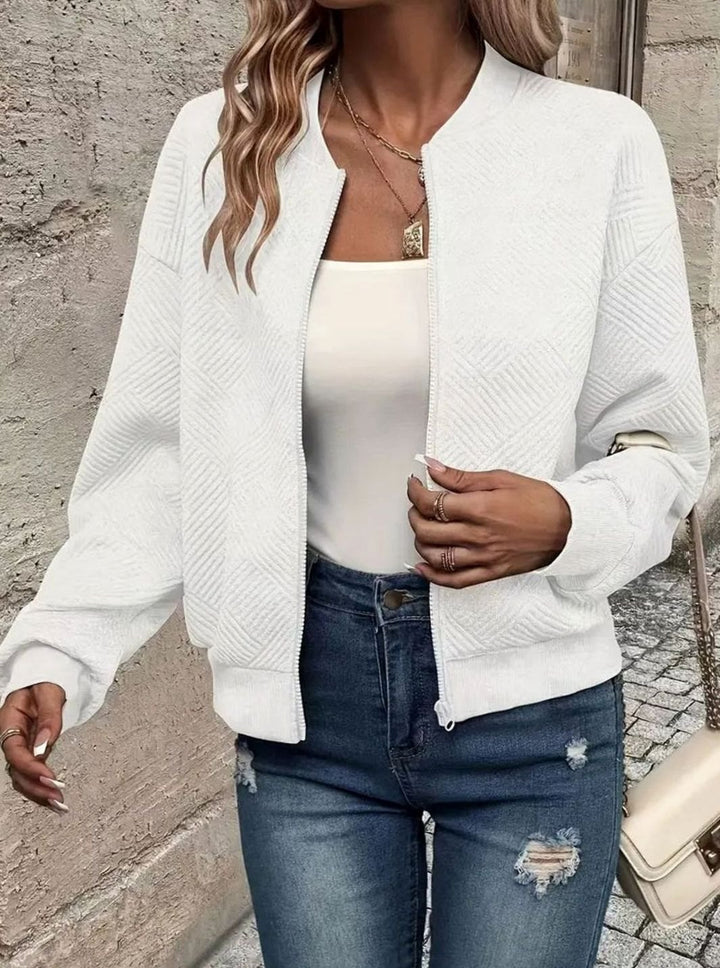Women's Zip-Up Long Sleeve Cardigan Textured Knit Bomber Jacket