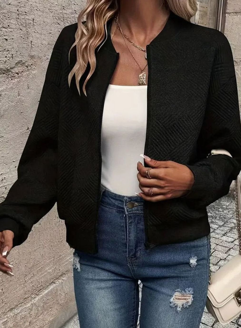 Women's Zip-Up Long Sleeve Cardigan Textured Knit Bomber Jacket