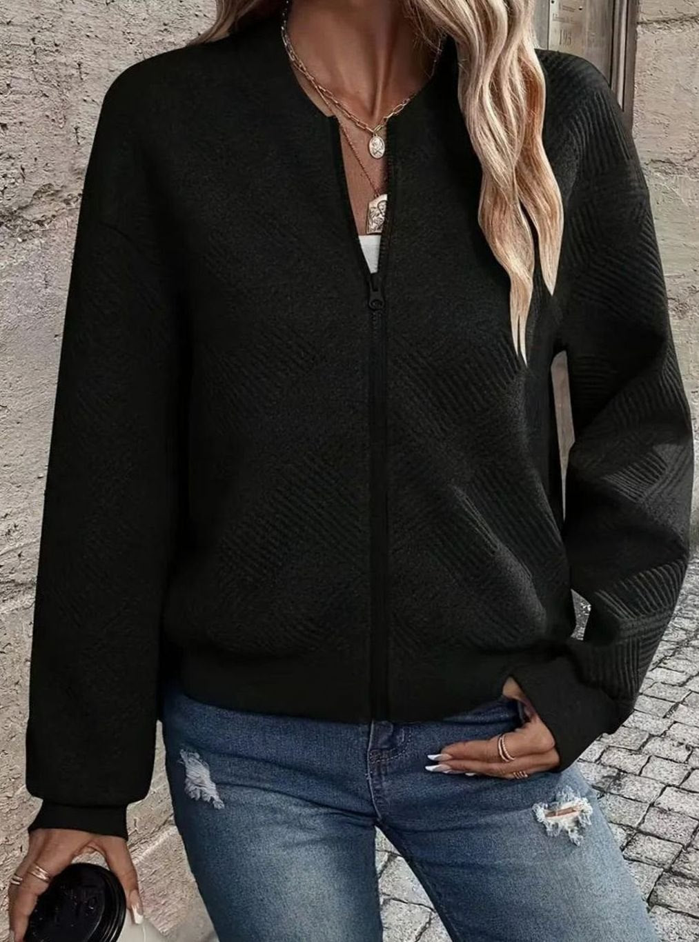 Women's Zip-Up Long Sleeve Cardigan Textured Knit Bomber Jacket